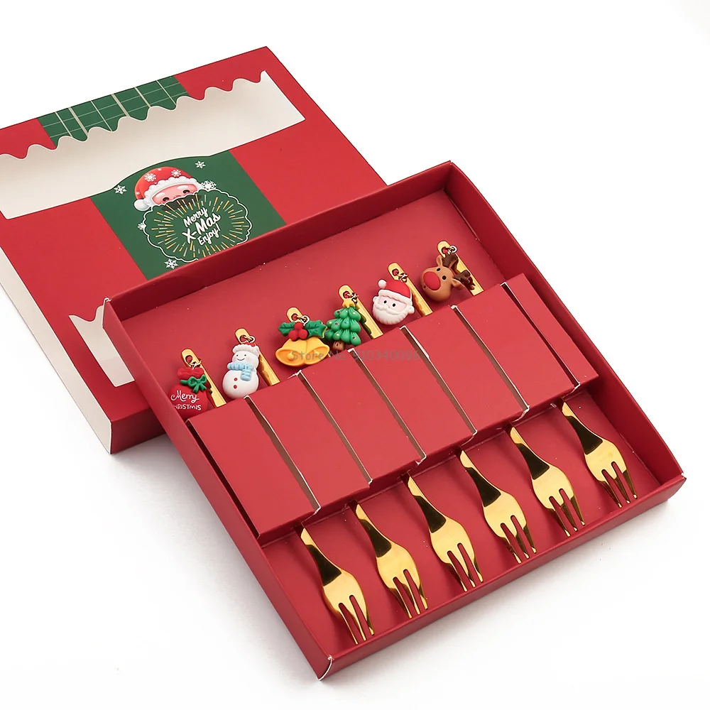 Description Picture 6 of item6Pcs Christmas Coffee Spoon & Fork Sets Gift Box Coffee Stirring Spoon Creative Ice Cream Shovel Dessert Tea Spoon Tableware