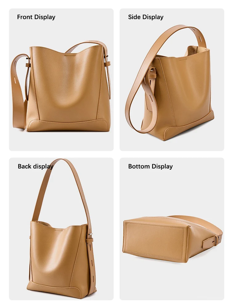Zency New Split Leather Casual Shopper Shoulder Bag Commuter Large Bucket Handbag Simple High Quality Women Tote Underarm Bag 5