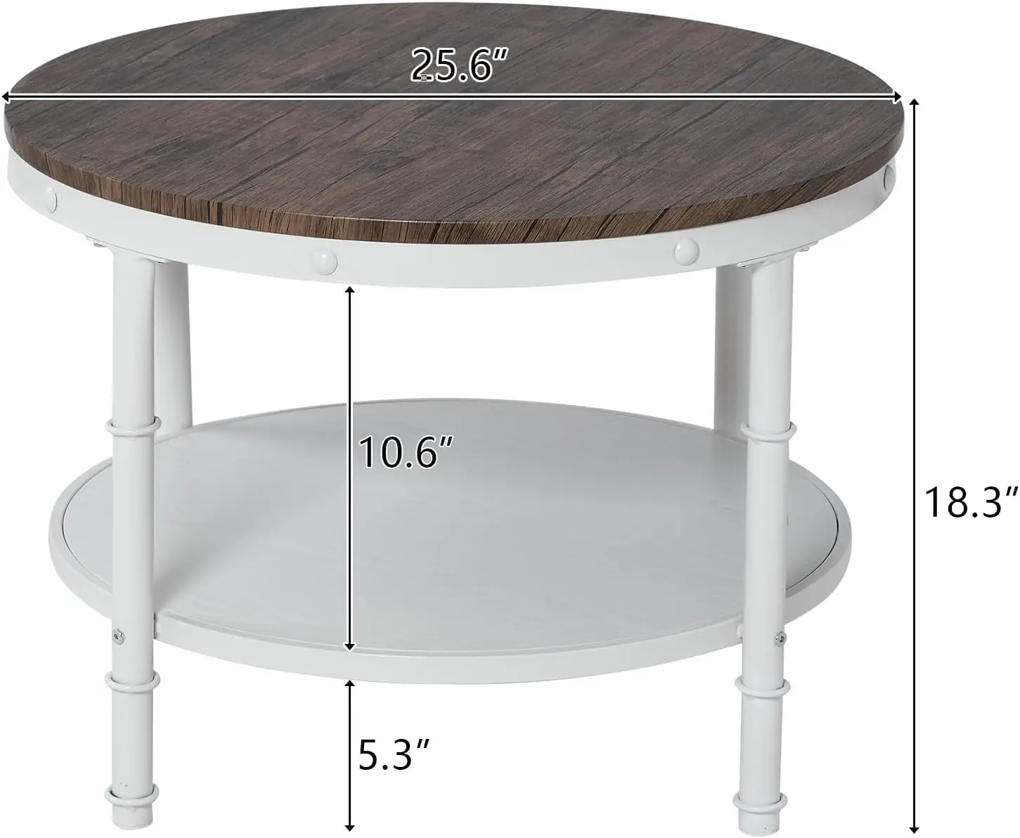 VINGLI 25.6" Dark Walnut White Round Farmhouse Coffee Table, 2-Tier Storage Wood Center Circle Accent Table for Living Room, Bed 2