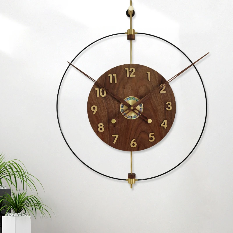 Round Solid Wood Clock Brass Shell Wall Clock