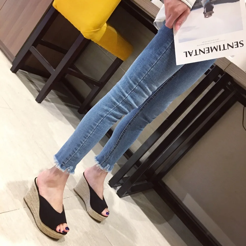 Suede Women Wedge Slipper Rope Outsole Espadrilles Sandals Peep Toe Ankle Strap Platform Casual Slip on Mule Shoes