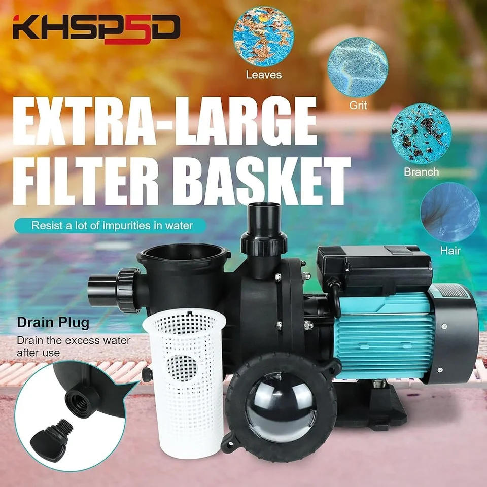 2HP Pool Pump 6980 GPH - Above & Inground, Self-Priming, 110V, With 2" Unions & Basket