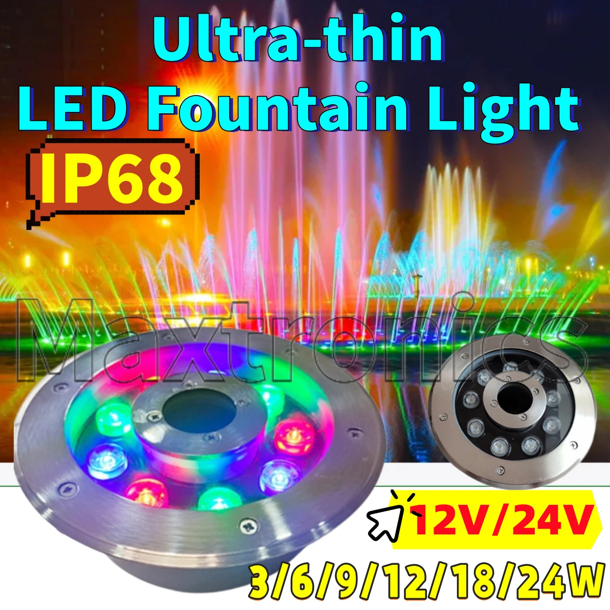 45MM 초박형 LED 분수 조명 12/24V IP68 수중 램프 3/6/9/12/18/24W 지하형 조경 수영장 램프