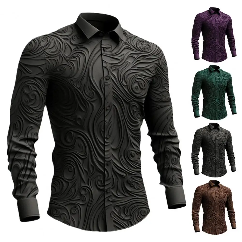 

Casual Dress Shirt Retro 3d Print Men's Business Shirt with Turn-down Collar Slim Fit Long Sleeve Solid Color for Breathable