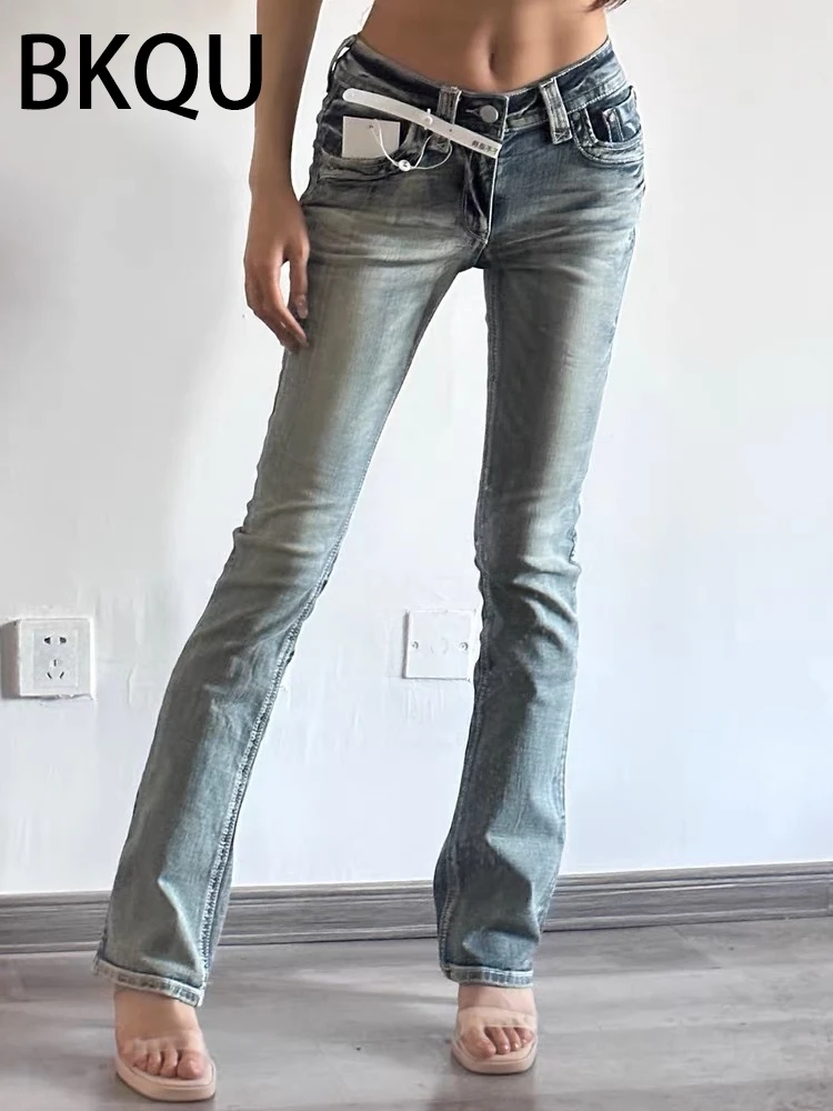 

BKQU Y2K American Jeans Women Denim Flare Pants 2023 Vintage Low Waisted Pocket Casual Female Full Length Jeans Autumn Winter