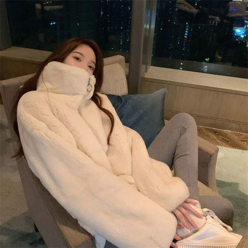 Winter Solid Color Faux Fur Lambwool Coat Women's Korean Version Loose Simplicity Stand-up Collar Jacket Fashion Clothing Coat