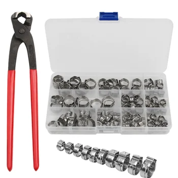 100PCS Stainless Steel Ear Stepless Clamp Worm Drive Fuel Water Hose Pipe Clamps Clips / 1PC Hose Clip Clamp Pliers