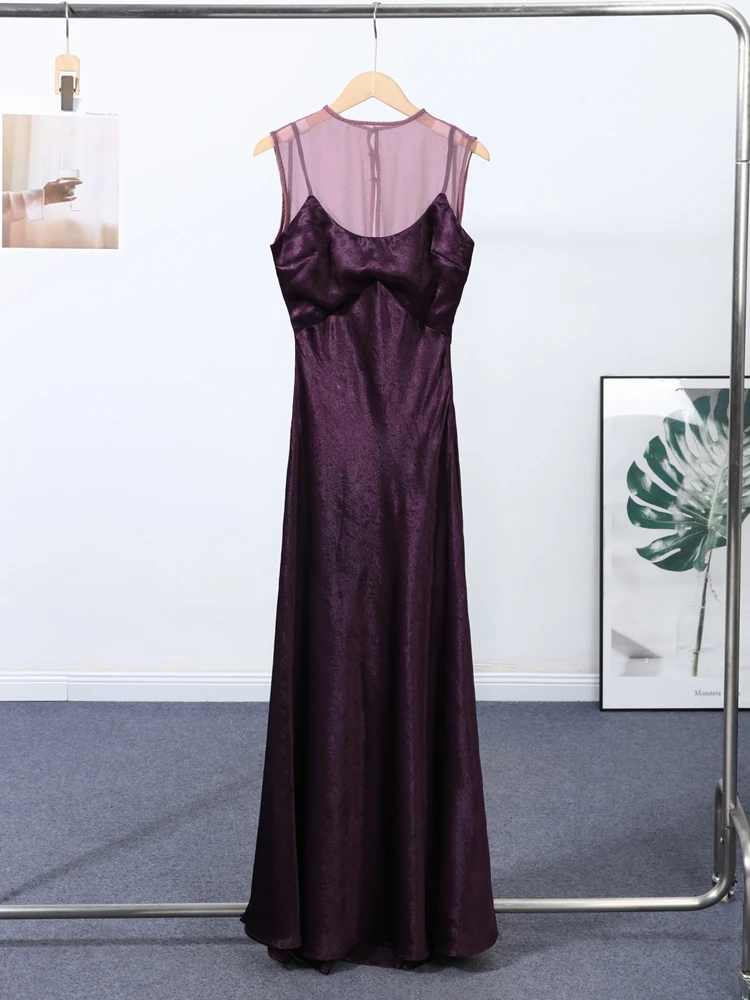 Satin Patchwork Langes Kleid Damen Elegantes Ärmelloses Rückenfreies Schlankes Party-Abendkleid Frühling Charmantes Damenkleid Neu Vestido – Detail 2