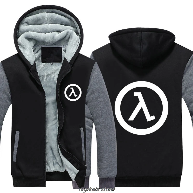 USA SIZE Winter Men\'s Hoodies Half Life 3 Printed Men\'s Jackets Thicken Fleece Male Hooded Jackets Zipper Warm Casual Coats