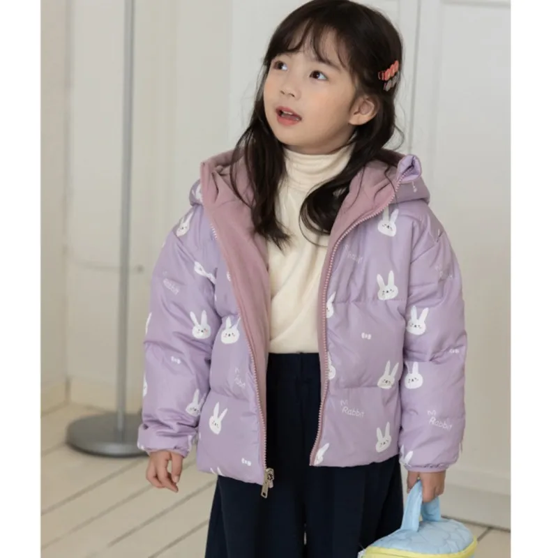 Double Sided Children's Rabbit & Crocodile Printed Puffer Coats Hooded Toddler Winter Outerwear for Boys Girls