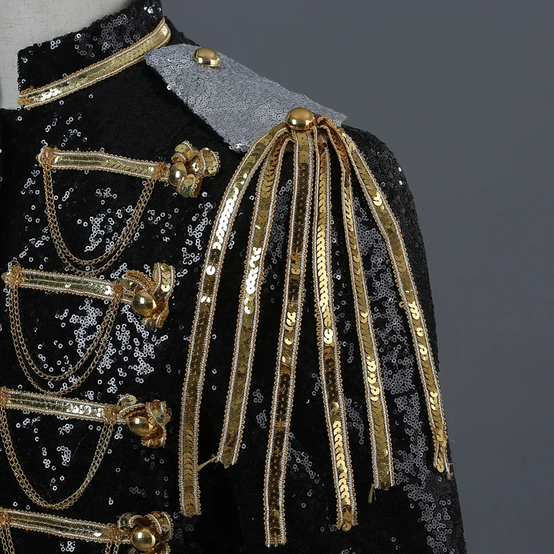 Black Sequin Patchwork Military Suit Jacket For Men Stage Party Prom Singer Show DJ Costume Single Breasted Red Male Blazer Coat