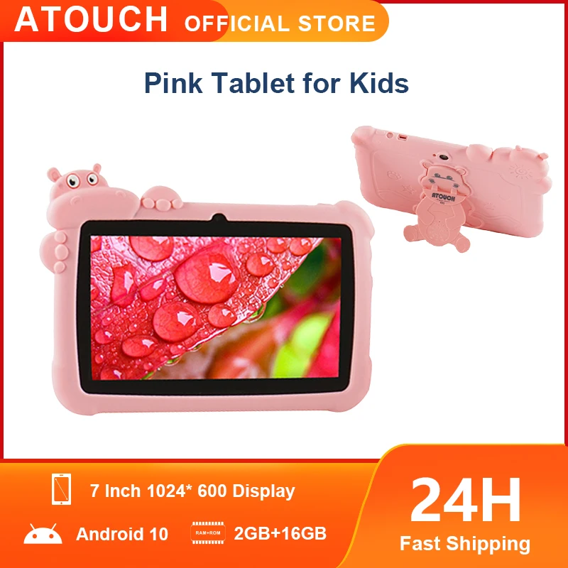 Tablette enfants avec écran tactile lcd protection des yeux, tablette 7  pouces avec wifi bluetooth 1024 x 600 2gb ram 32gb rom,double caméra  kid-proof étui pour tablette tactile éducative avec stylet (rose)