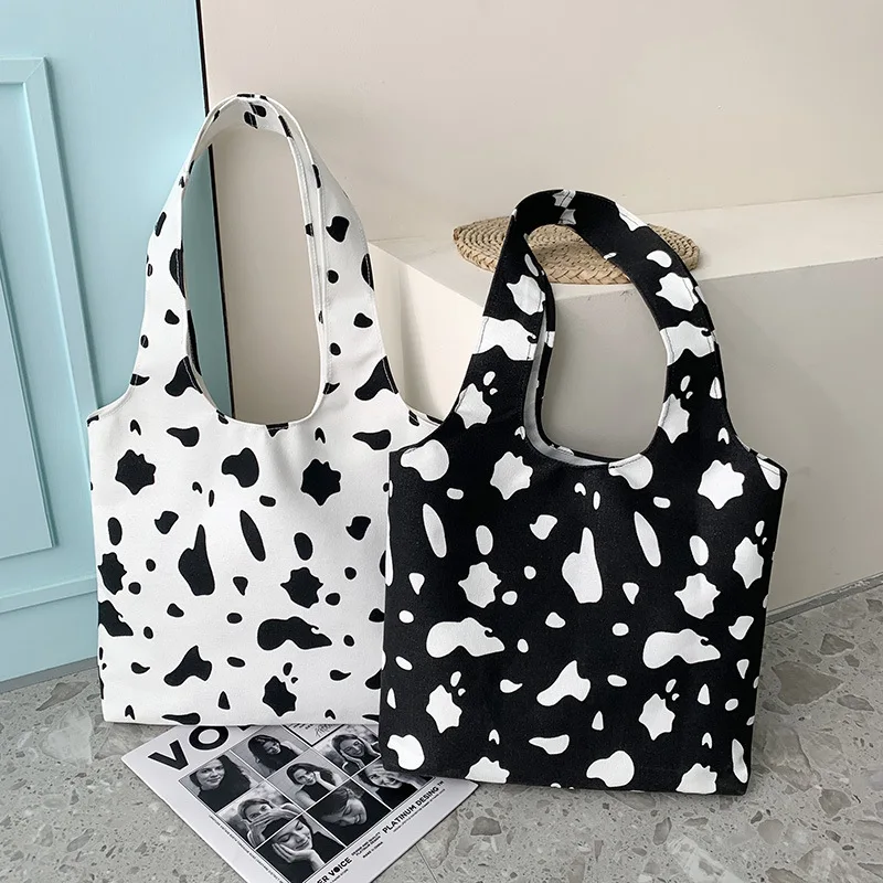 Factory Supply Spot Back Core Cow Model Cute Shoulder Bag Casual Canvas Bag Large Capacity Shoulder Canvas