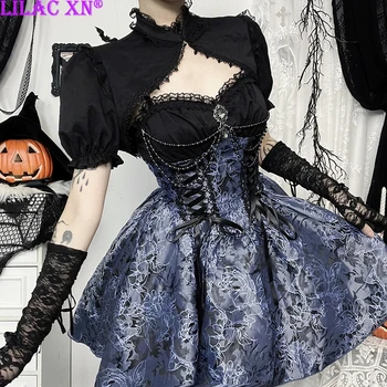 Mini abiti a trapezio vintage eleganti con finiture in pizzo Y2K Goth Abito corto con lacci floreale Manica corta Grembiule Donna Autunno Nuova moda
