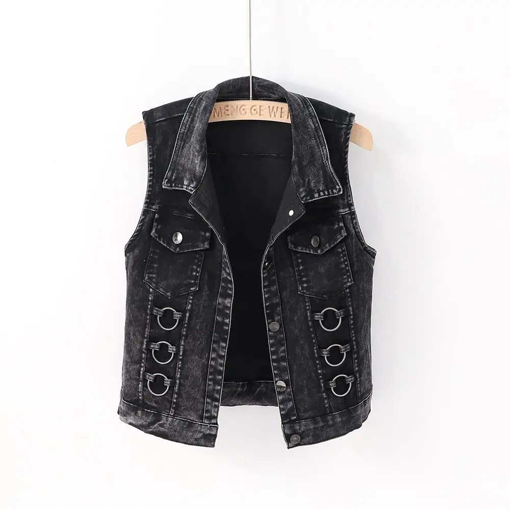 Buttons Denim Vests Women Sleeveless Cardigan Spring Autumn Short Blouse Lace Up Jeans Waistcoat White Black Y2k Streetwear new arrivals fashionable women s bandage set golden buttons white patchwork black coat and sleeveless bodycon miini dress