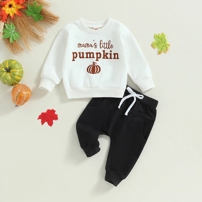 

Baby Clothing Boys Cute Cotton Halloween Clothes Letter Pumpkin Print Long Sleeve Sweatshirt and Elastic Pants Set