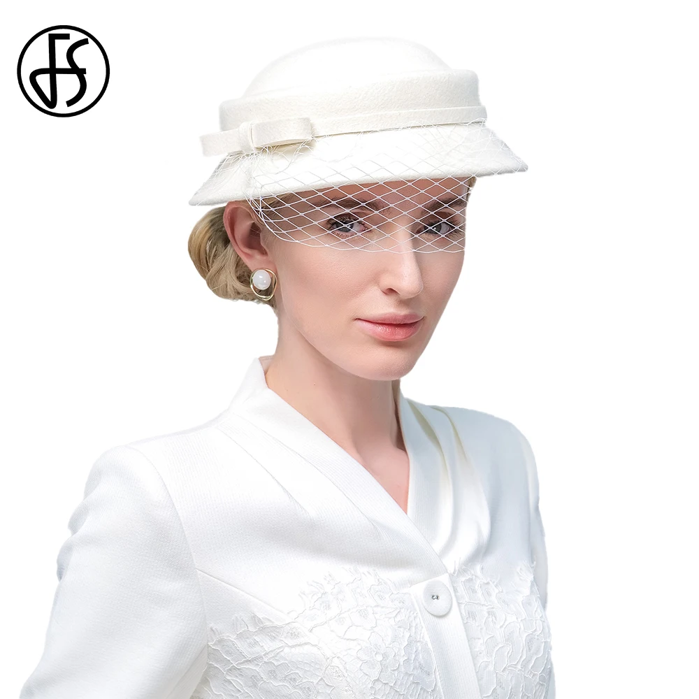

FS 2024 White Wedding Basin Hats For Women With Veil Elegant Church Wool Fedoras Ladies Cocktail Party Bowler Cap Spring