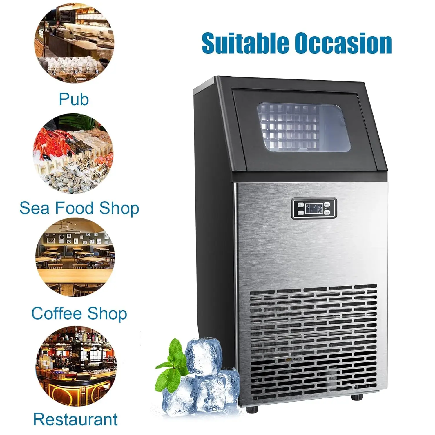 Star Commercial Ice Makers Machine Stainless Steel Makers 100 Lbs of Ice Per 24H with 33 Pounds Storage Capacity Ice Cubes Frees 4