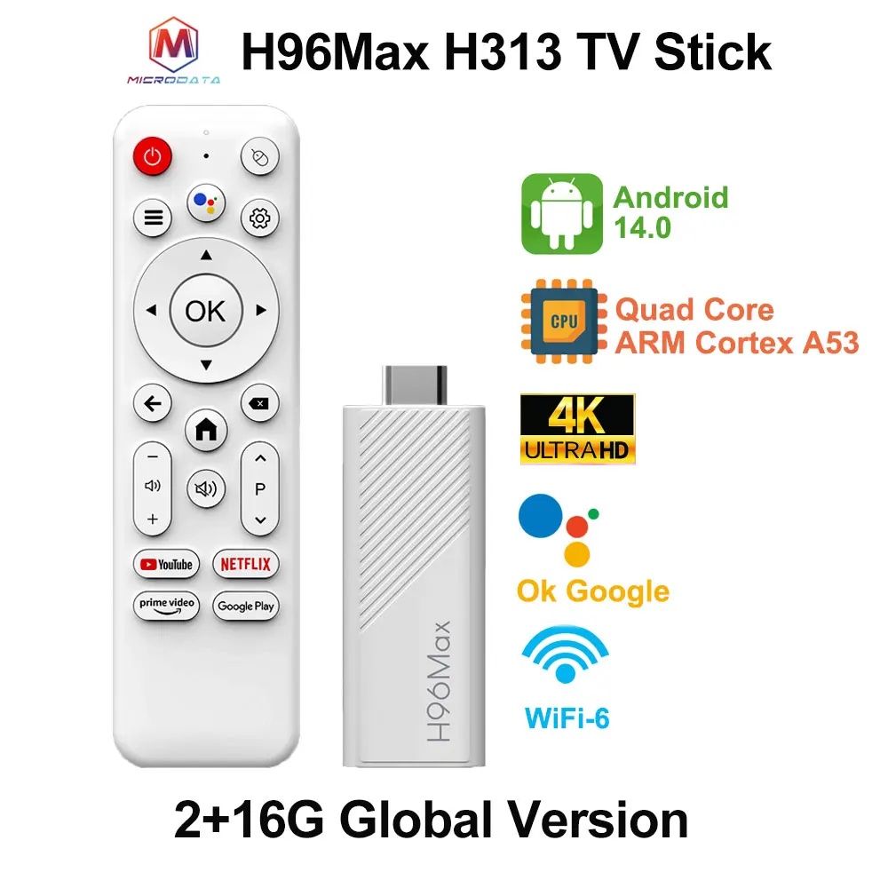 2025 H96Max H313 TV Stick 4K, Android TV 14, WiFi 6 medios de transmisión portátiles, Quad Core ARM Cortex A53, Netflix Smart TV Dongle
