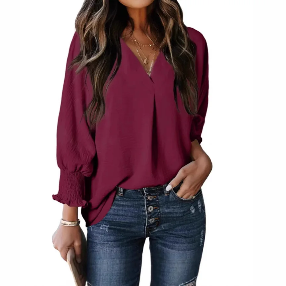 Women Solid Color V Neck Blouse Shirt Summer Workwear