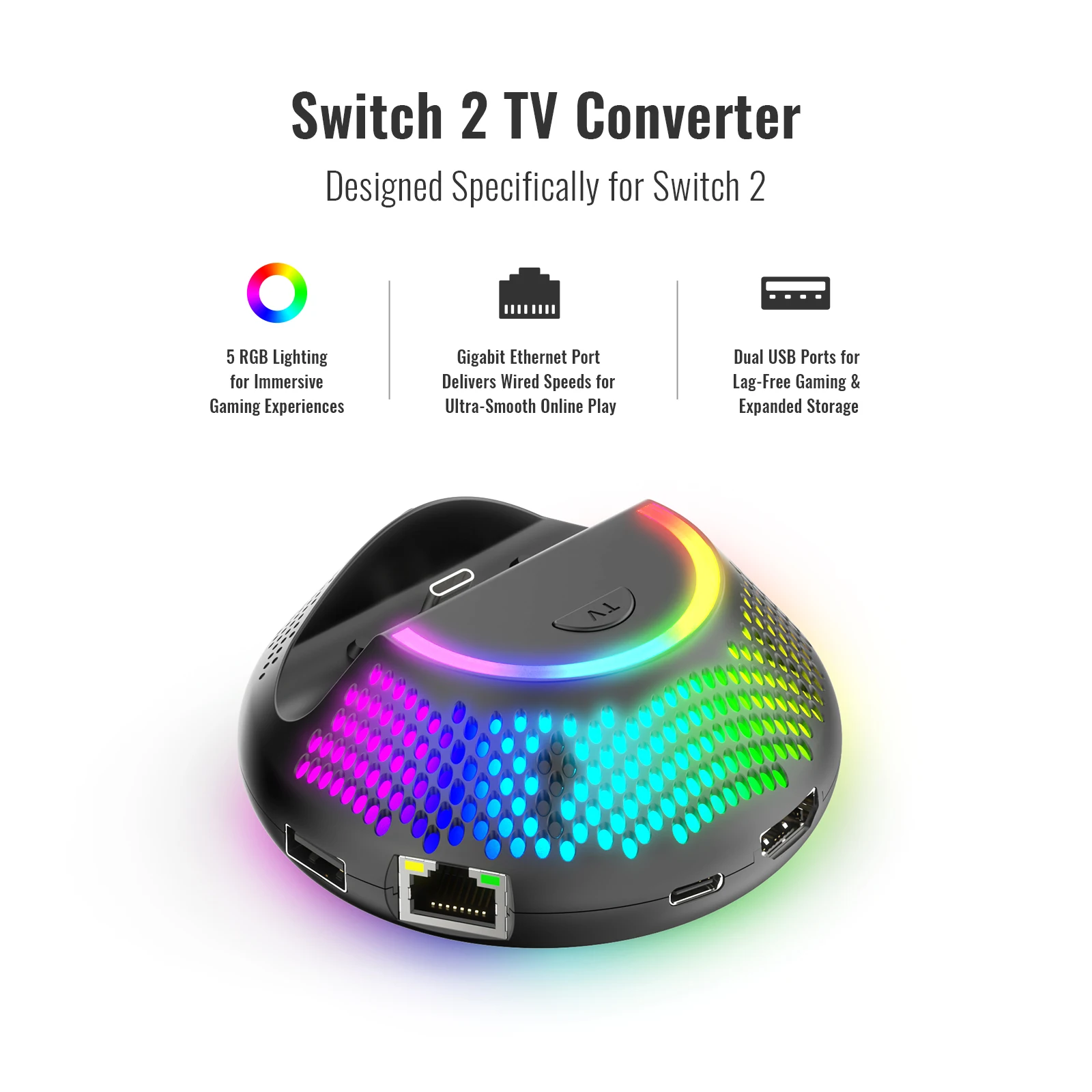 스위치 2용 5 in 1 TV 도킹 스테이션 NS2289, RGB 조명, 4K FHD/2 USB 포트/타입 C 포트, 원형 휴대용 TV 도킹 스테이션