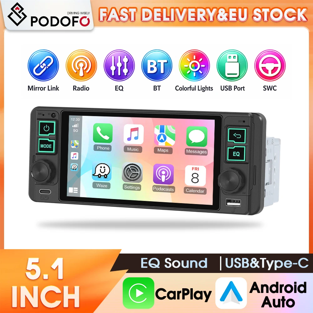 Radio Multimedia para Auto Podofo 1 Din de 5.1 Pulgadas, MP5 Estéreo, CarPlay Inalámbrico, Android Auto, Bluetooth, USB, AUX, EQ, con Entrada para Cámara de Visión Trasera 1