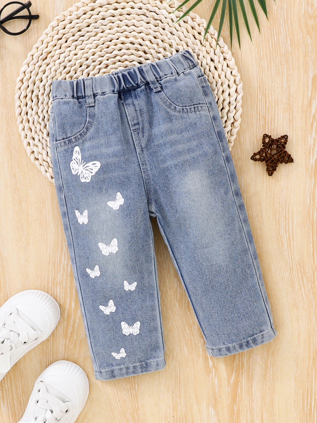 Baby Baby girl denim pants Spring and autumn printed butterfly waist all round elastic spray white denim light blue