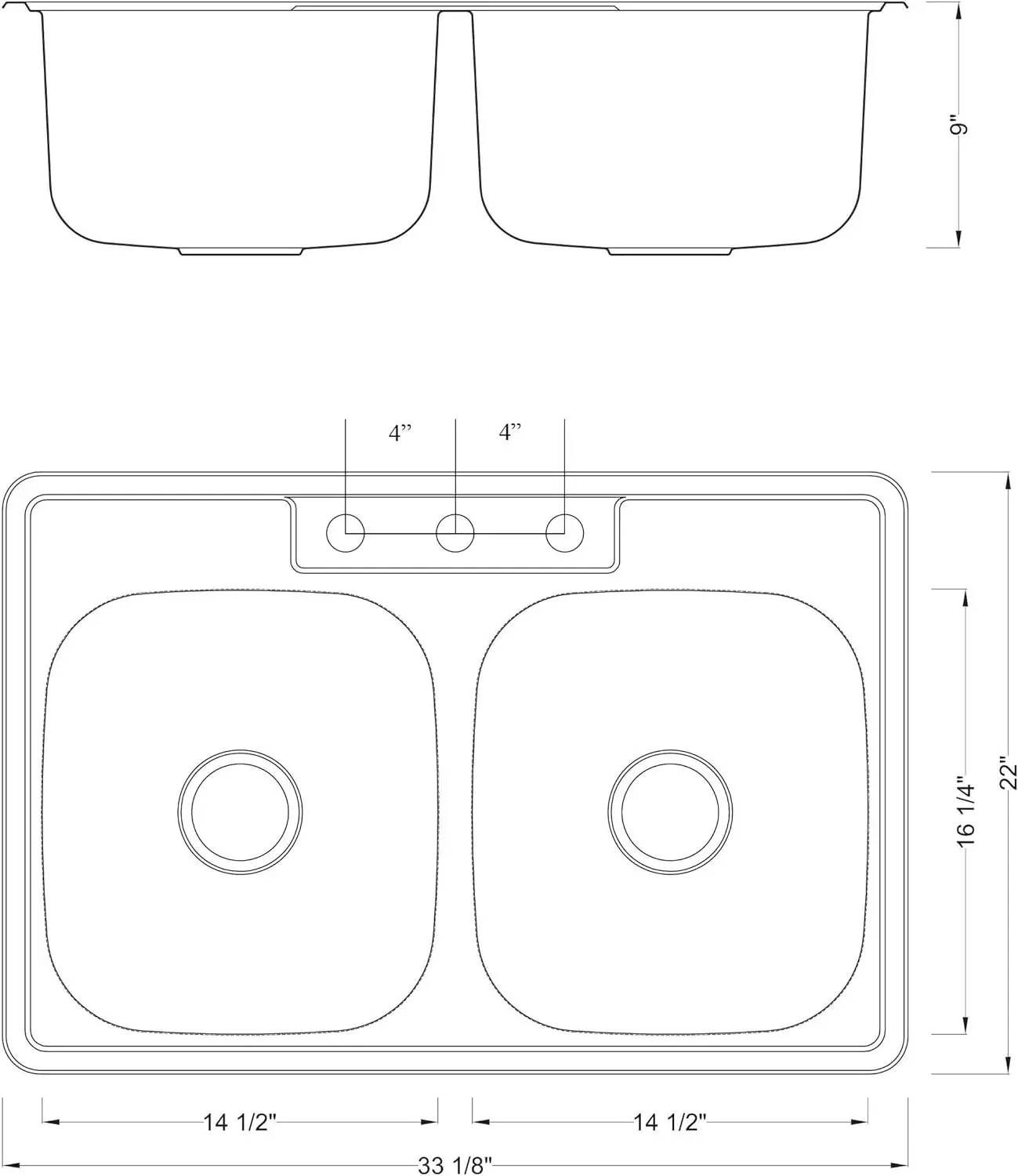 33 x 22 x 9 Inch Top mount Drop in Stainless Steel Double Bowl Kitchen Sink with Strainer 18 Gauge Stainless Steel 3 Faucet Hole 6