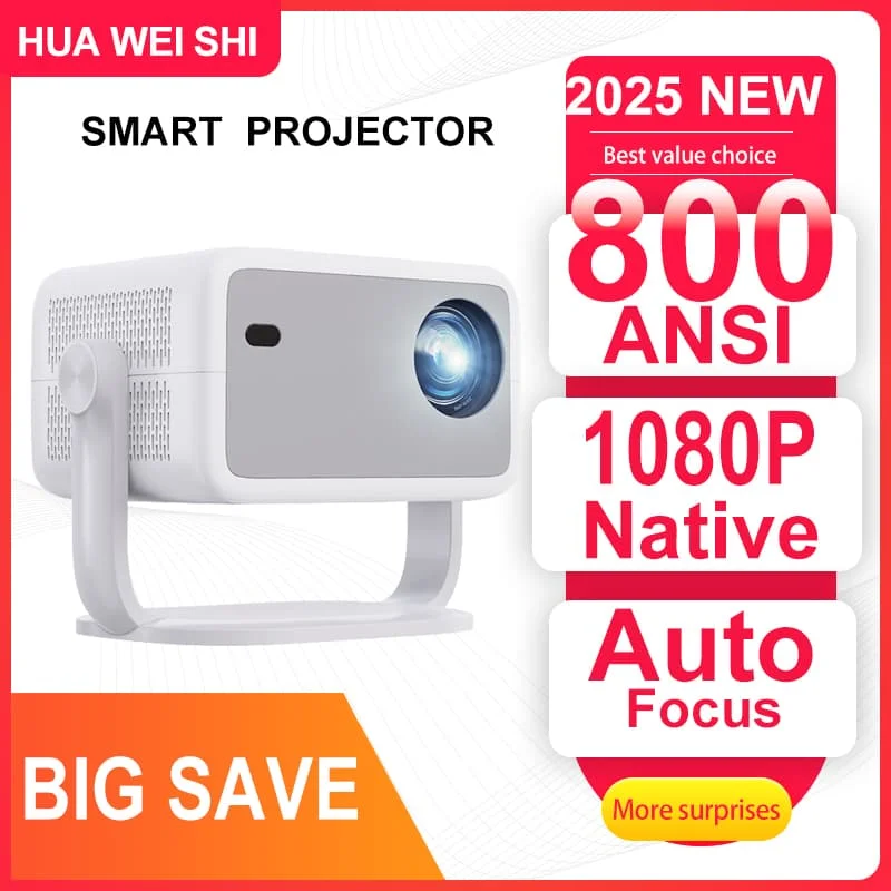 Portable Projector Huaweishi 4K 800ANSI P4 Native 1080P Auto Focus Keystone Correction BT5.2 Android 11 WIFI6 360&deg; Home Cinema