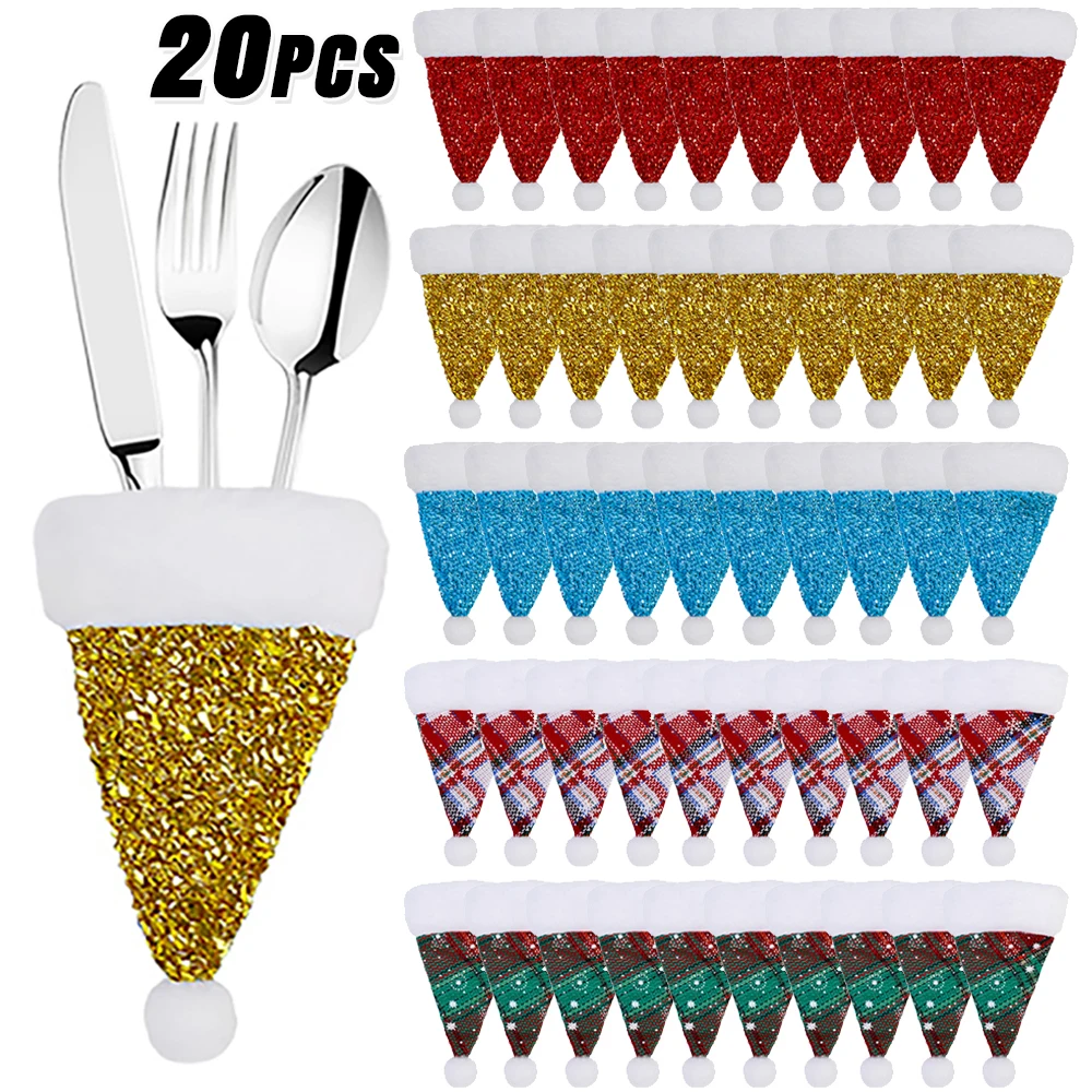 20/1Pcs Mini Santa Hats Wine Bottle Covers Fork Knife Cutlery Holders Bag Home Christmas New Year Party Table Decoration Gifts