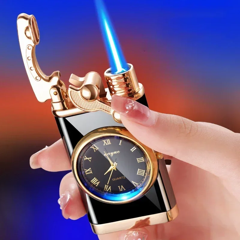 New Quartz Watch Windproof Lighter Metal Blue Light Rocker Arm Butane Jet Flame Torch Lighter Smoking Men's Gift Ignition Tools