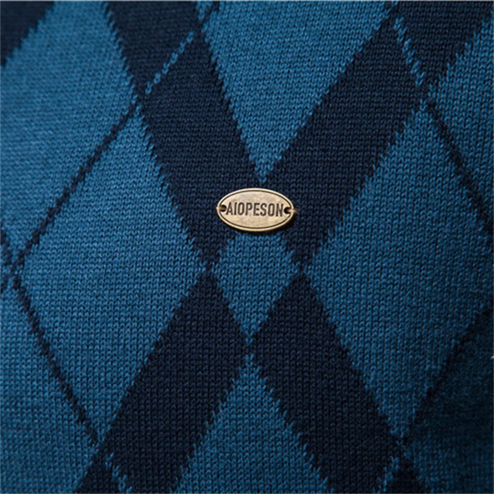 AIOPESON Argyle Men Sweaters Cotton Mock Neck Zipper Patchwork Pullover Men Winter High Quality Fashion Warm Sweaters for Men 3