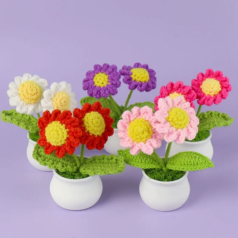 Charming Handmade Daisy Crochet Flower Pot Decor