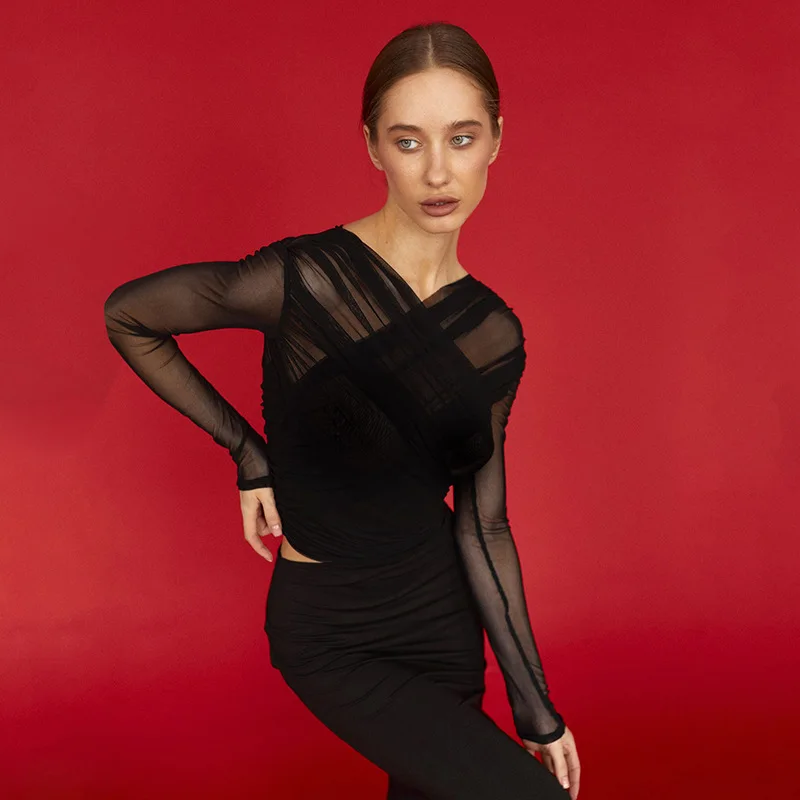 Camiseta de malla con cuello en V y retazos para mujer, top liso de manga larga, estilo Y2k, top sexy para mujer para otoño