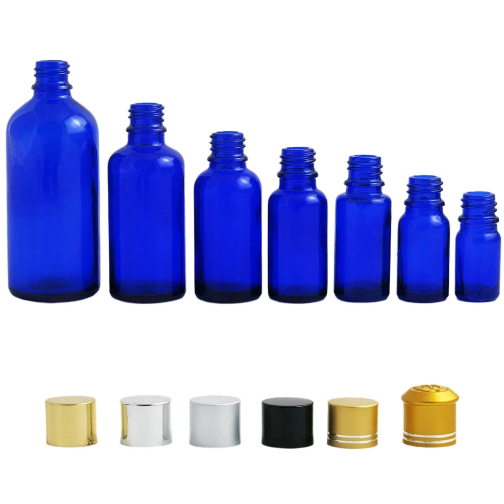 

10 X empty small 1oz 1/2oz blue glass bottle with reducer dropper 10ml 20ml 30ml 50ml 100ml cosmetic herbal bottle wholesale
