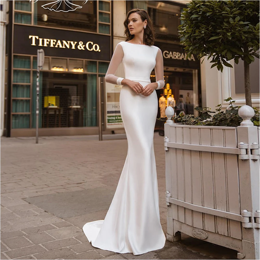 

Ramanda Elegant Round Neck Long Sleeves Mermaid Wedding Dresses For Women 2024 Lace Up Back Simple Satin Civil Bridal Gown