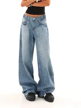 Vintage-washed relaxed straight-leg denim jeans with a preppy style for young teens, featuring a loose wide-leg design 2