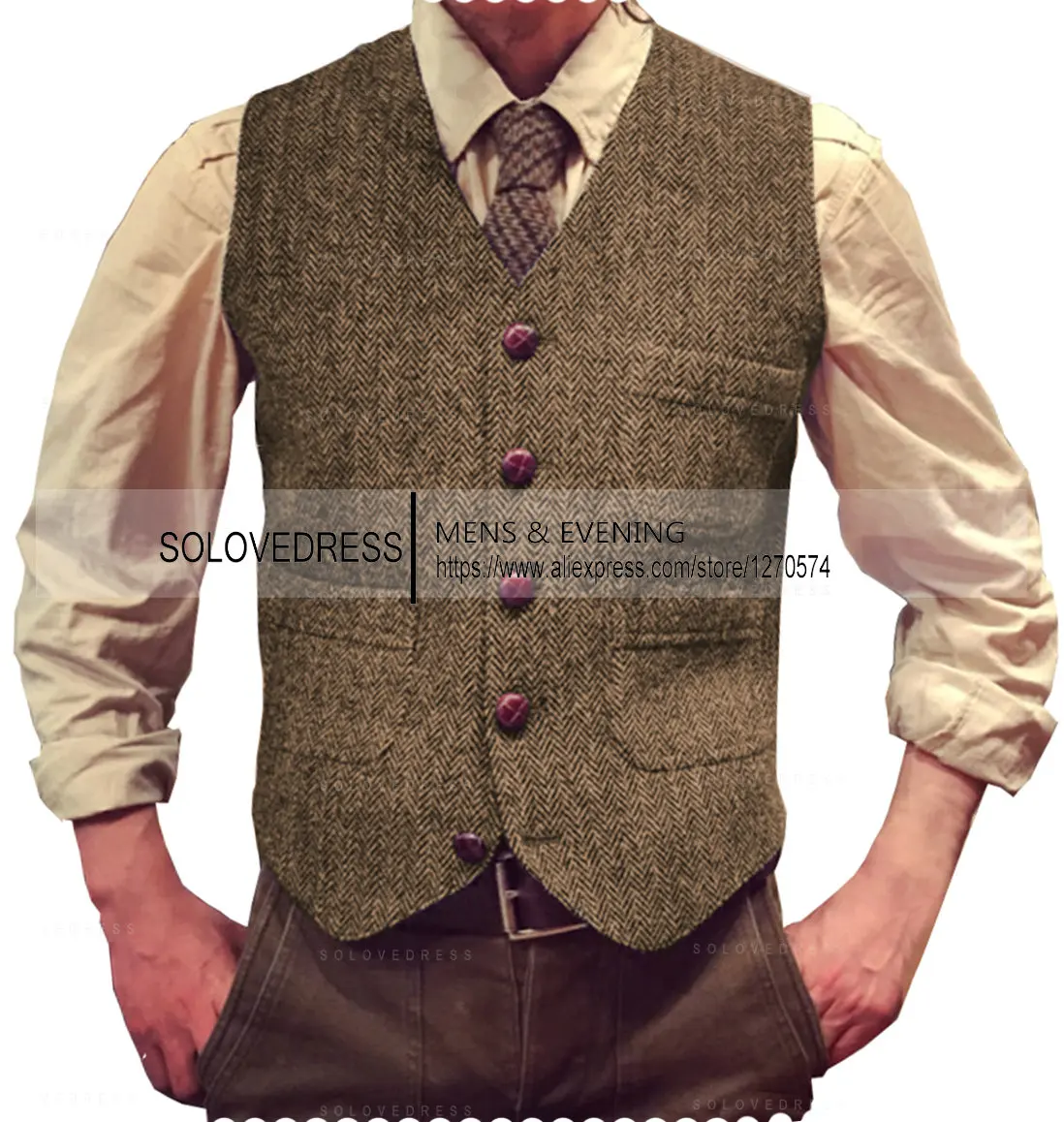 Men's Suit Vests Herringbone Tweed Tweed V Neck Formal Business Vest Waistcoat Groosman For Wedding For Jacket 3