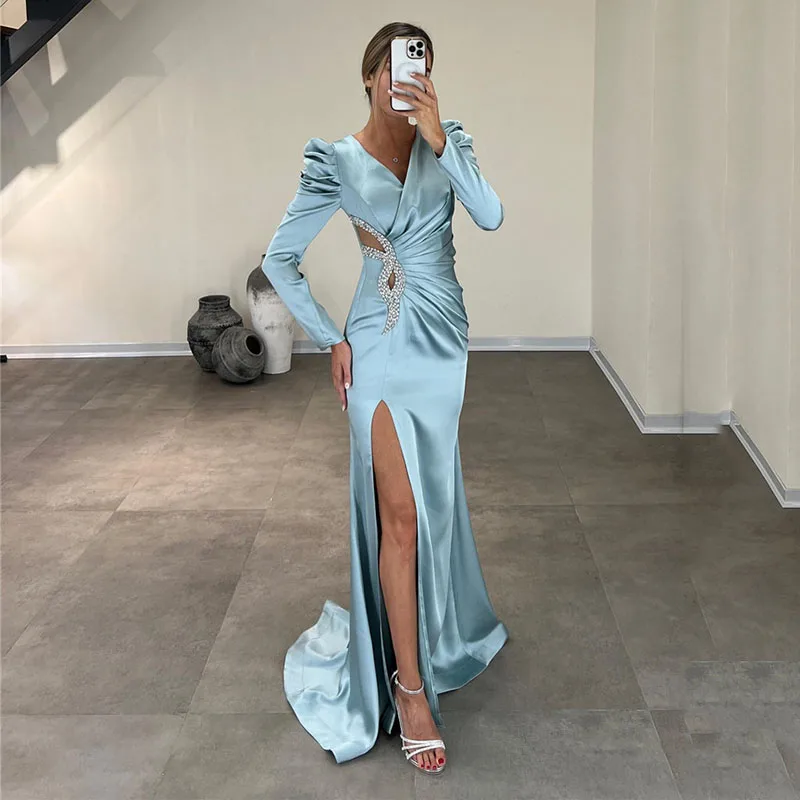 

Smileven Sky Blue Beading Mermaid Evening Dresses Sleeve Side Split Saudi Arabic Prom Gowns Pleats Occasion Dresses 2024