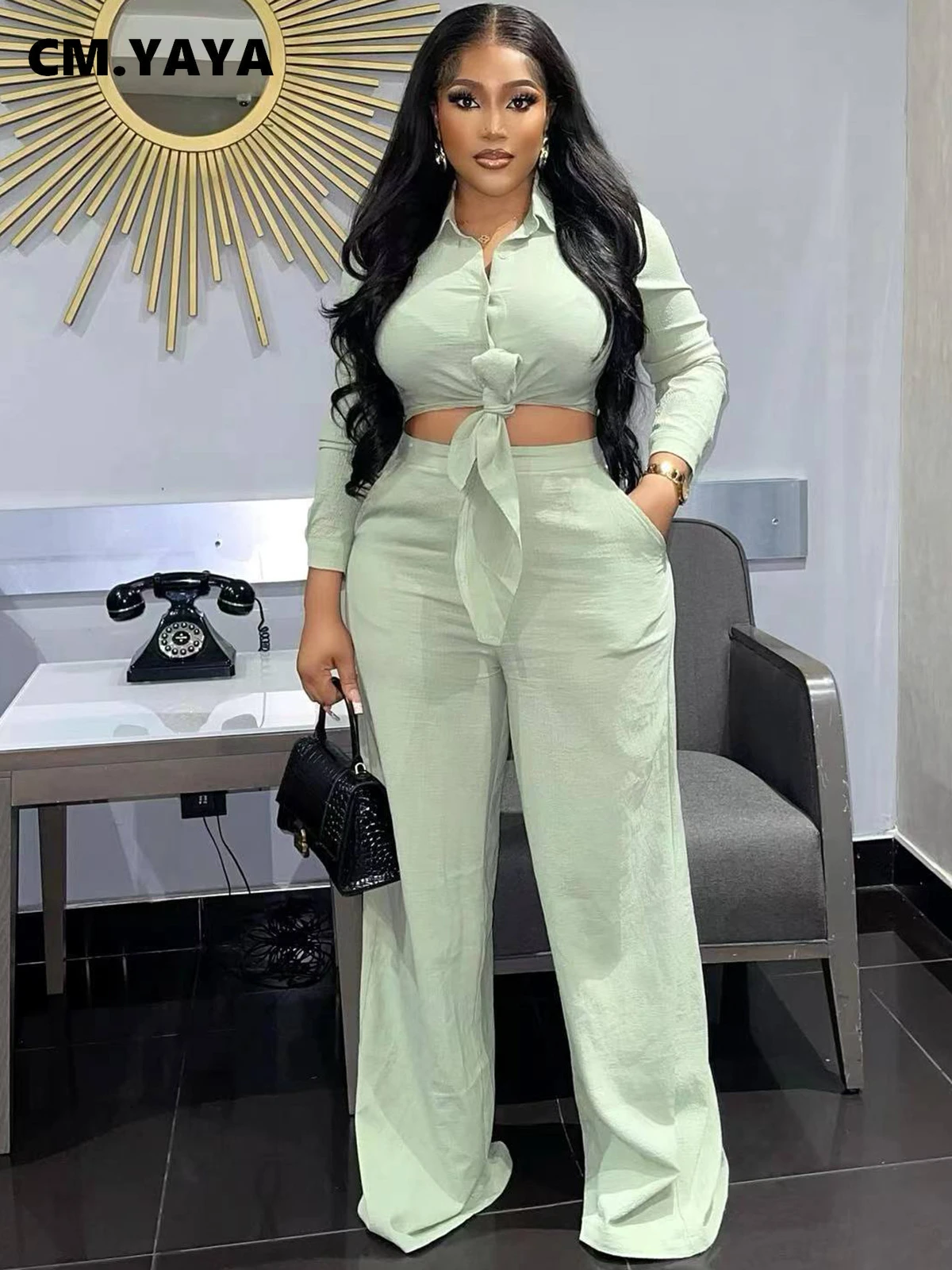 Cm.yaya Casual Women's Set Fashion Long Sleeve Bowknot Up Shirt And