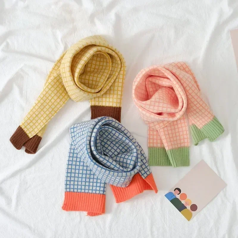 Outdoor Windproof Scarf Kids Boys Girls Scarf Winter Warm Fashion Patchwork Plaid Knitted Long Children Scarves silk scarf baby scarf cotton scarf wool scarf rabbit fur scarf