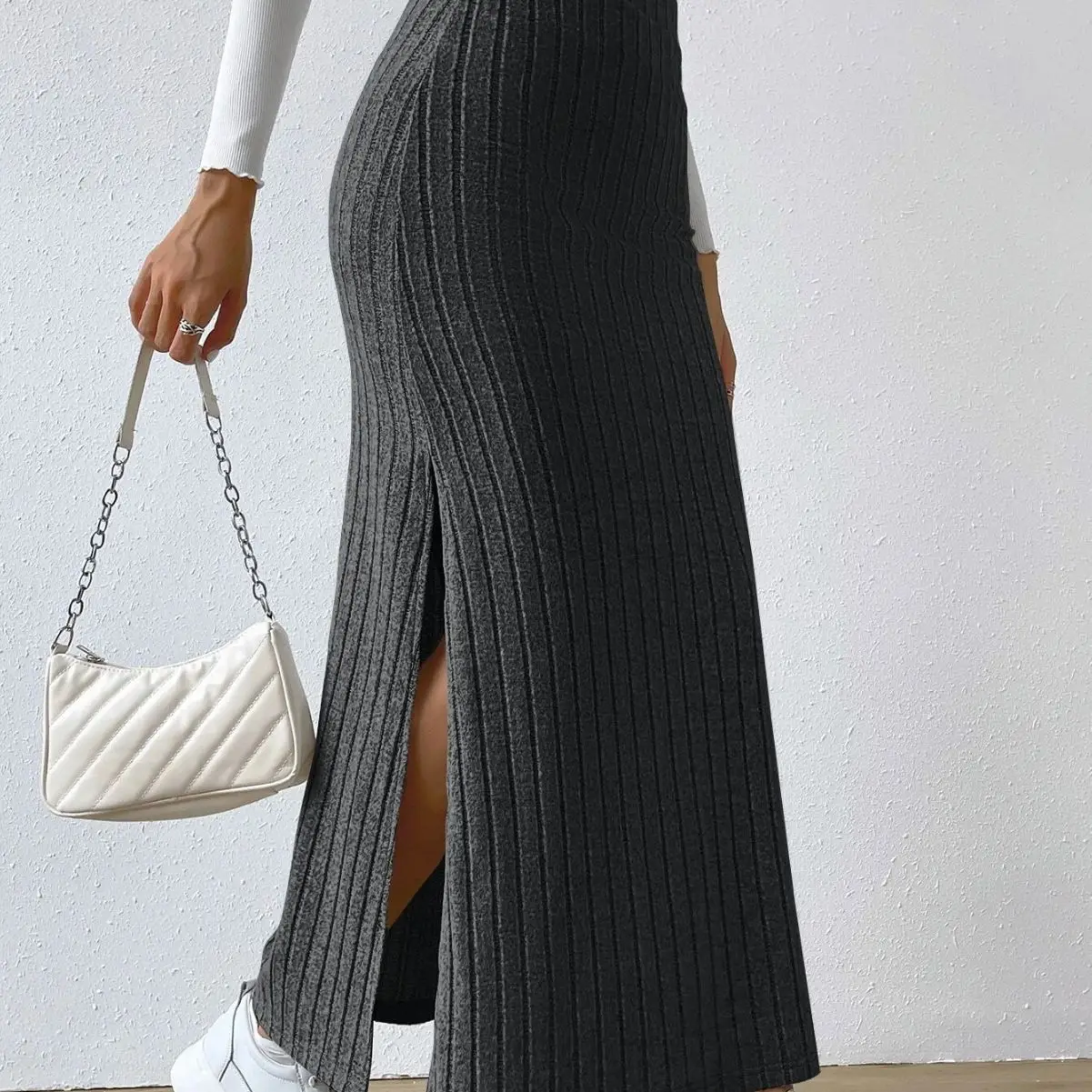 Spring Autumn Casual Women High Waist Skirt Sexy Knitted Side Slit Skirt Elegant Solid Office Long Skirts For Women Fashion 2023