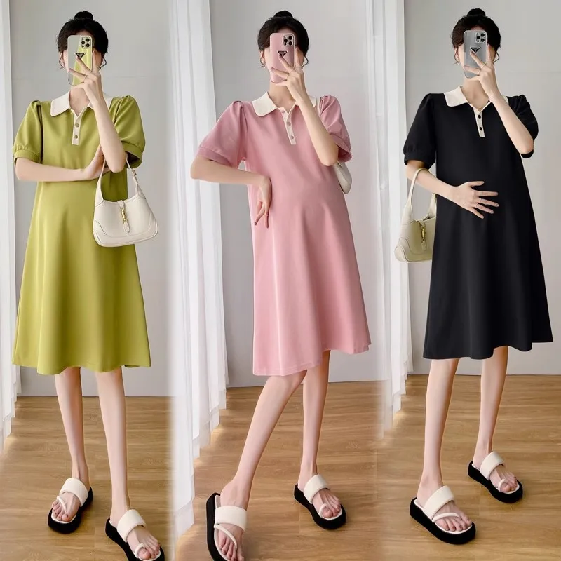 Maternity Summer New Color Collision Polp Collar Loose Thin Short-Sleeved Mid-Length Summer Dresses Maternity Summer Dresses