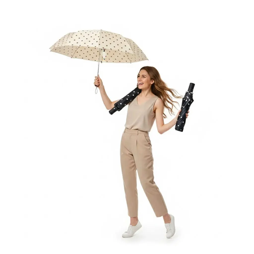 UPF 50+ UV Resistant Polka Dot Umbrella: Black Coating Foldable Compact Portable Sun Parasol