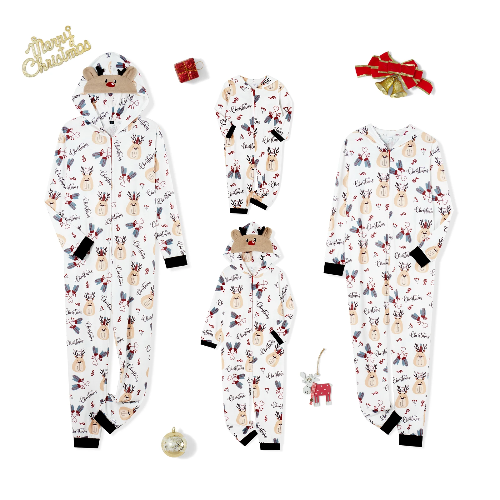 Combhasaki Family Matching Christmas Pajamas Loungewear Long Sleeve 3D Elk Antler All-over Print Hooded Romper Zip Up Jumpsuits 2