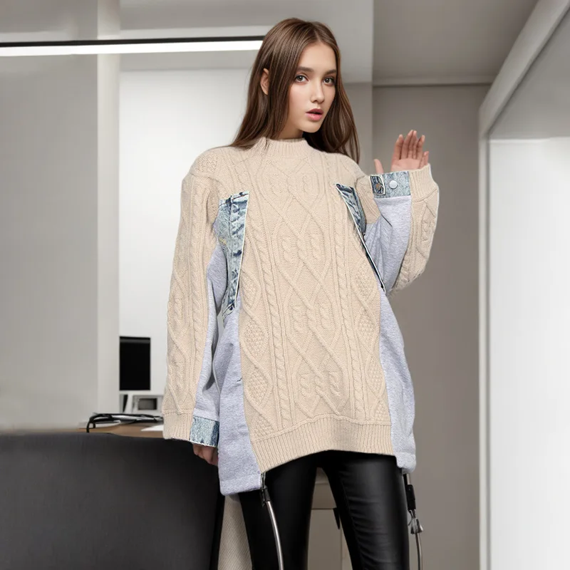 

Temperament Lazy Style Round Neck Knitted Top 2024 Spring New Small Popular Design Feel Spliced Loose And Versatile Sweater For