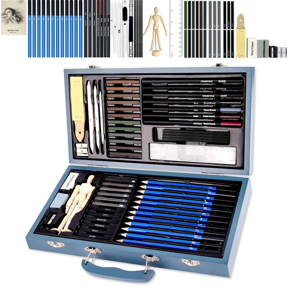 

60Piece/Set Professional Sketch Pencil Charcoal Brush Wooden Box Sketch Tools Wooden Man Ruler Drawing Painting Set Art Supplies