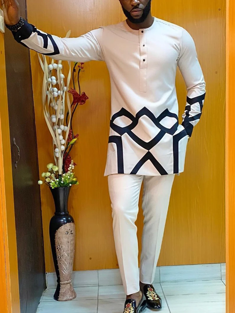 (M-4Xl)) African Ethnic Style Men 2 Pieces White Dashiki Male Suit Outfit Dashiki Long Sleeve Shirt Trouser African Suit For Man