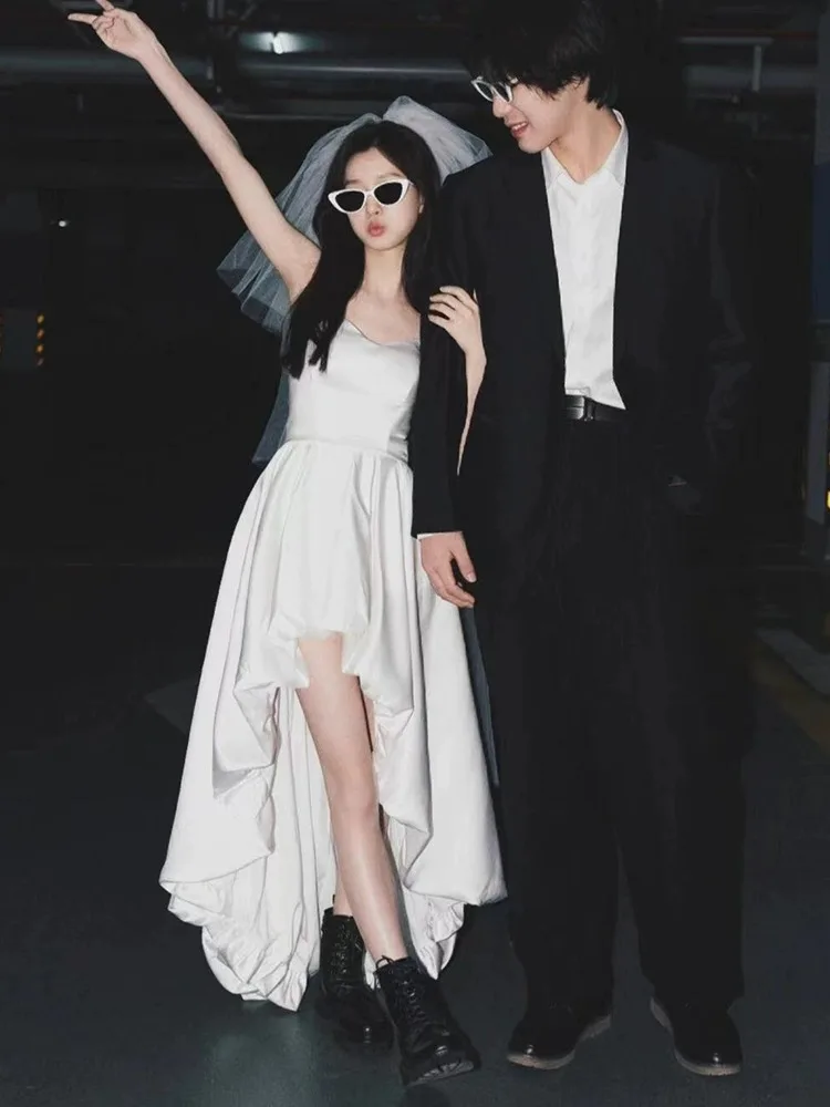 Satin Strapl Simple White Bridal Dr Women's ature Bride High Waist Gown Vintage Sle Adult Ceremony Dr