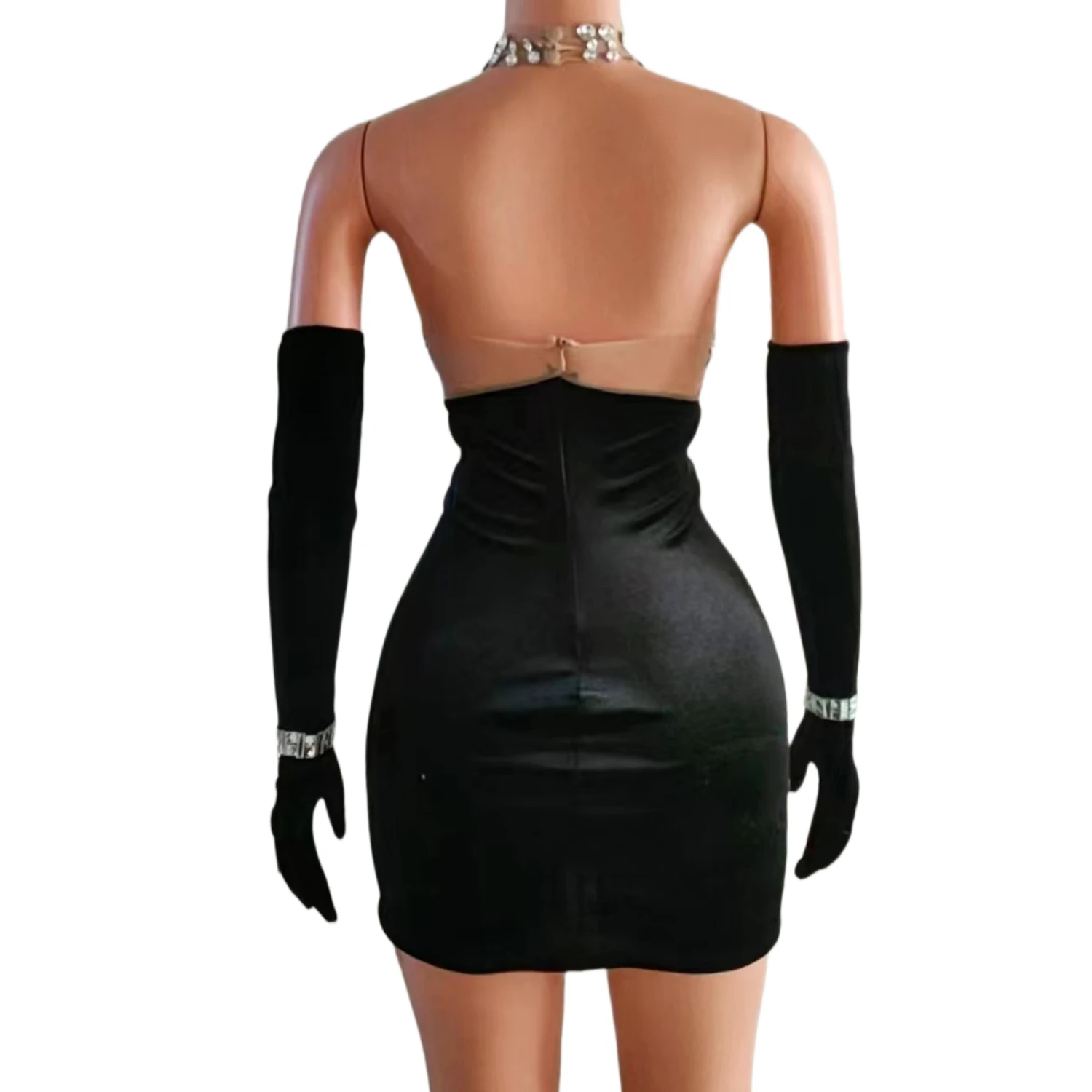 Vestito Nero Con Strass - Abito Corto Aderente, Per Feste, Club, Festival - Foto 3